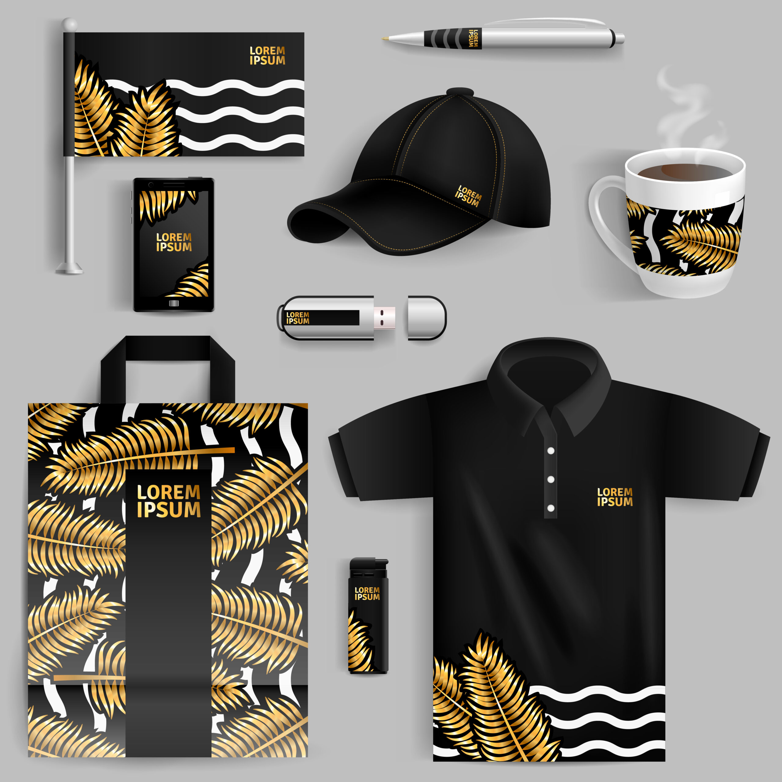 Decorative elements of corporate identity with gold palm leaves in realistic style with pen usb flash drive bag cup baseball cap isolated vector illustration